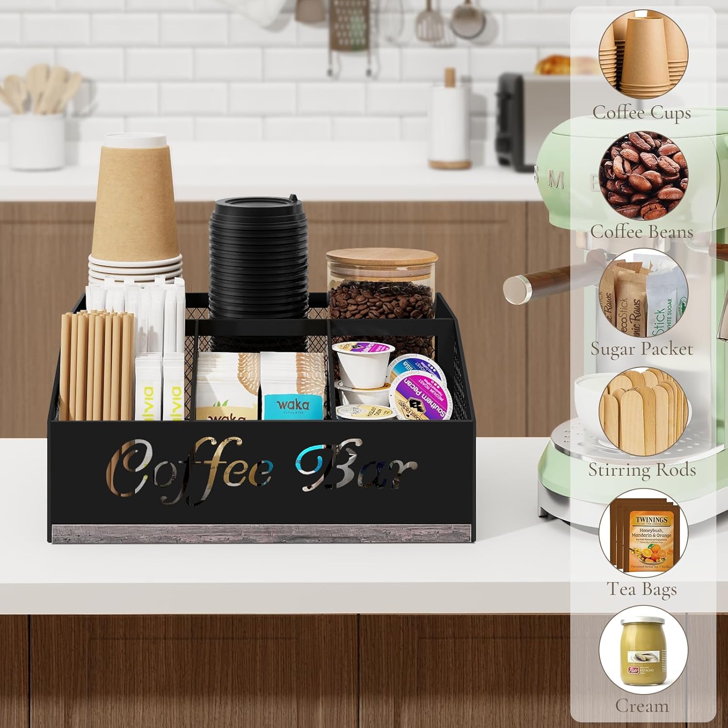 Coffee Bar Organizer for Countertop, Wooden Counter Station Organizer with Metal Mesh Basket, Coffee Bar Accessories Decor for Pods Condiment Syrup Tea Sugar, Gray