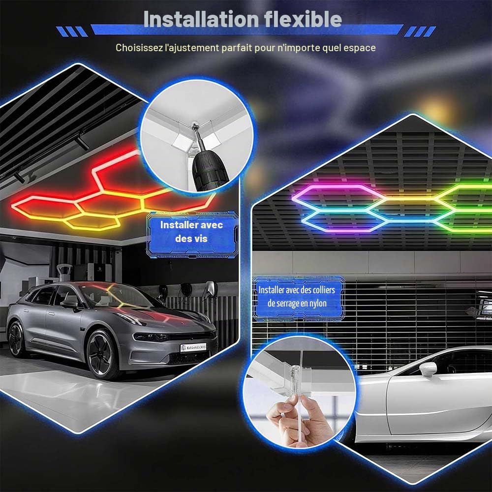 Luminaire LED hexagonal RGB pour garage | Plafonnier LED à 5 grilles pour garage, application connectée et télécommande, à monter soi-même