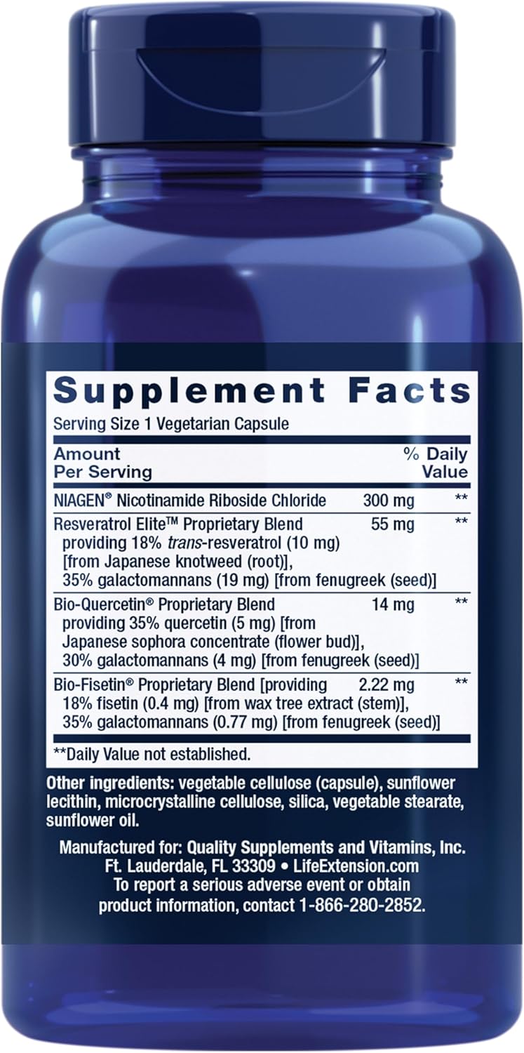 Life Extension NAD+ Cell Regenerator™ and Resveratrol Elite™*, nicotinamide riboside, Trans-resveratrol, quercetin, Fisetin, Heart Health, Healthy Aging, Vegetarian, Non-GMO, Gluten Free, 30 Capsules - Image 2