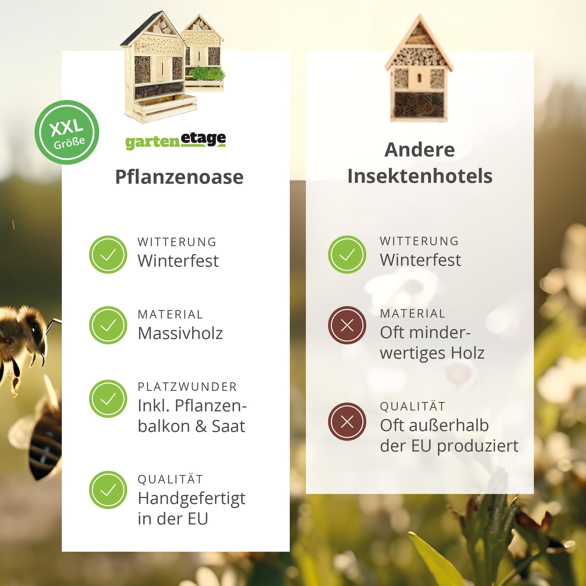 GARTENETAGE Stehendes Insektenhotel XXL mit Schieferdach und Pflanzenoase Kräuterparadies - inkl. Anzuchtset/Naturbelassenes, massives Insektenhaus & Bienenhotel/Insektenhotel zum Aufstellen