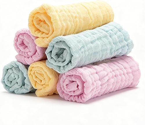 Miniatura 15 de Paquete de 6 paños de muselina orgánica para bebé, 12 x 12 pulgadas, extra absorbentes y suaves, paños de lavado para recién nacidos en piel Blanco