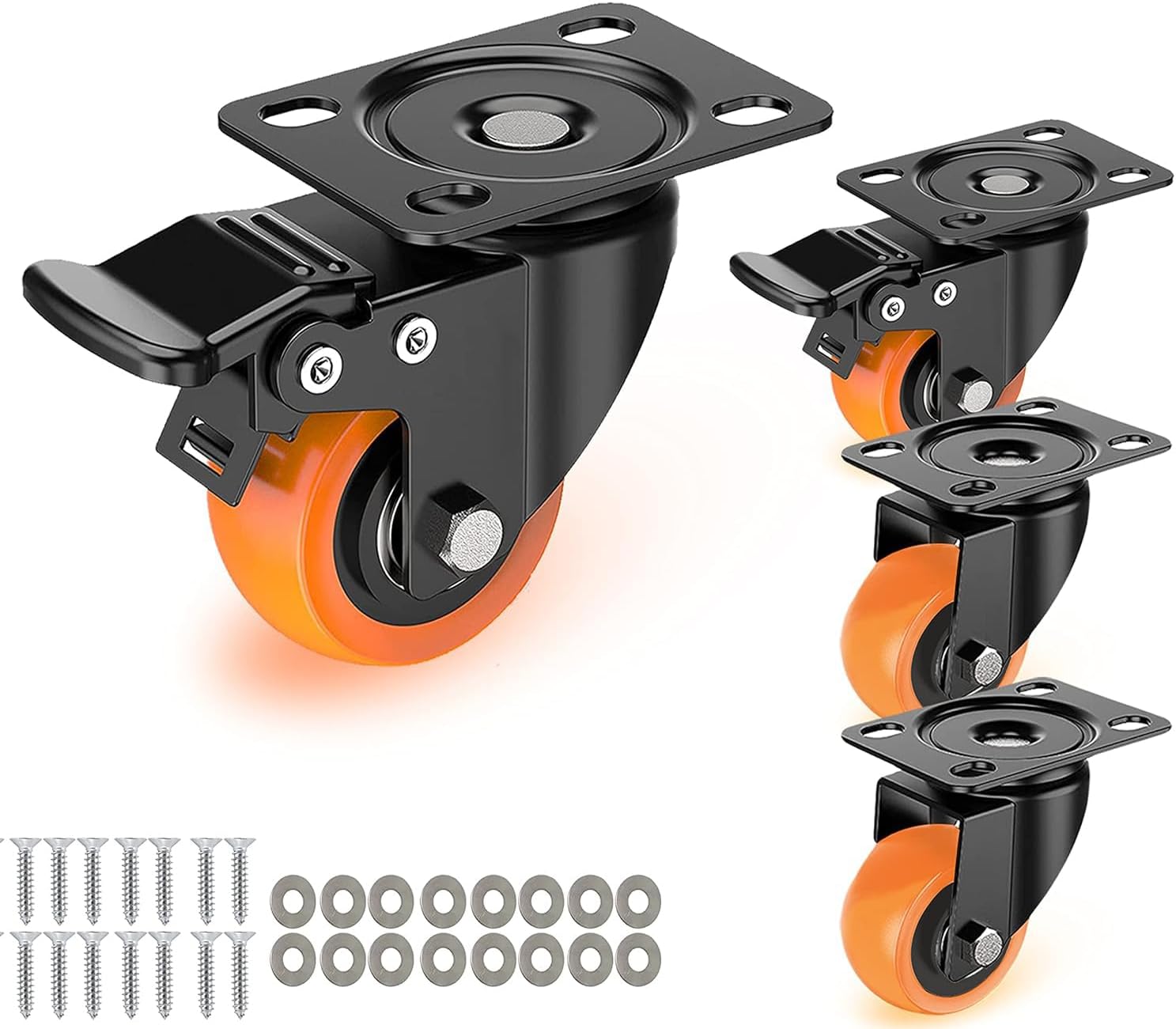 2'' Caster Wheel for Furniture - Set of 4, Heavy Duty upto 650 lbs, Castor Wheels for Furniture Moving like Sofa, Bed, Counter with Polyurethane (PU) Wheels and Top Plate Rotating 360 Degree
