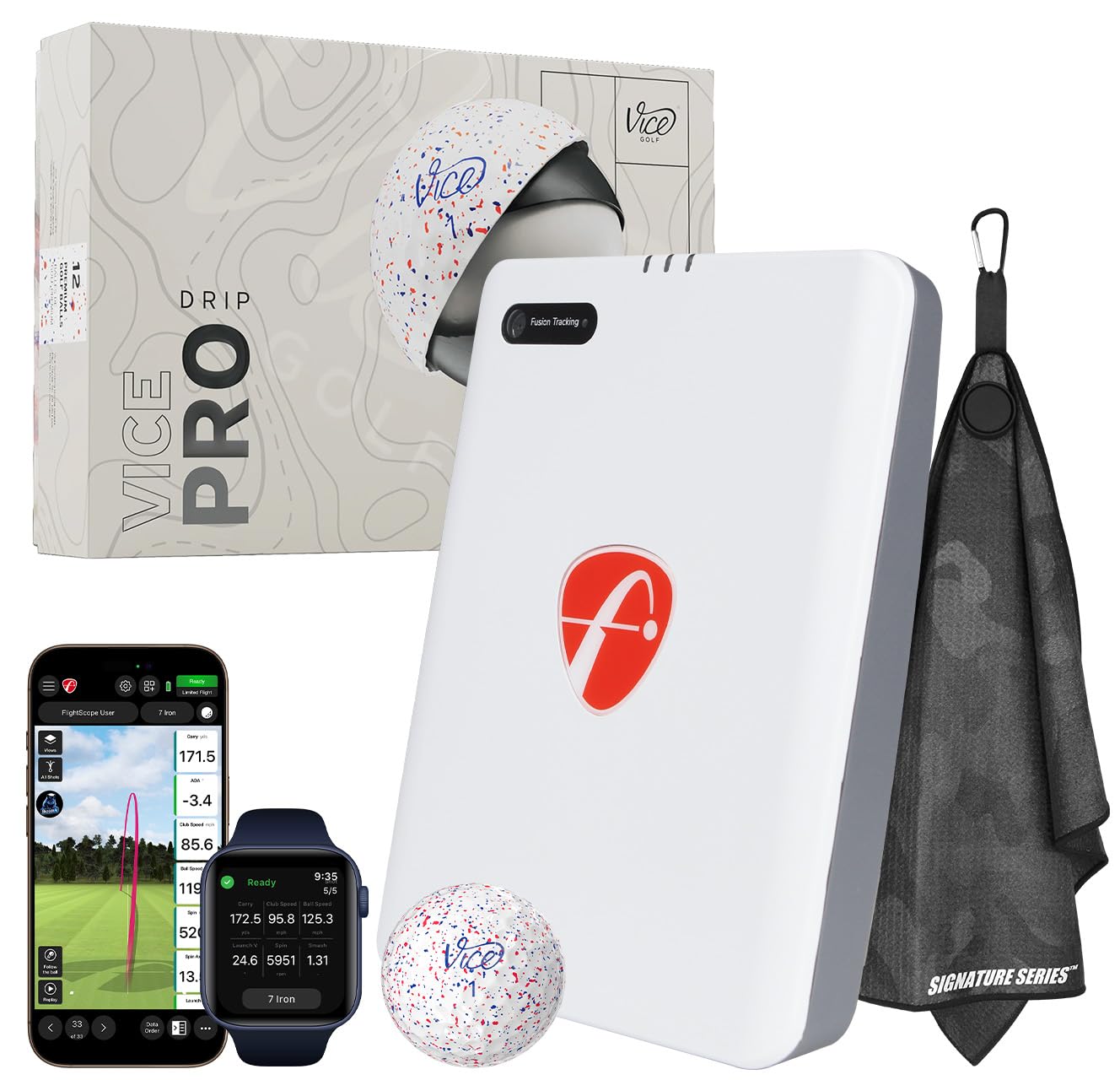FlightScope Mevo Gen2 Portable Golf Launch Monitor & Simulator with Vice Pro Balls | 18 Data Parameters, 8 E6 Simulation Courses, GPS Overview, Indoor & Outdoor | Signature Series Golf Towel