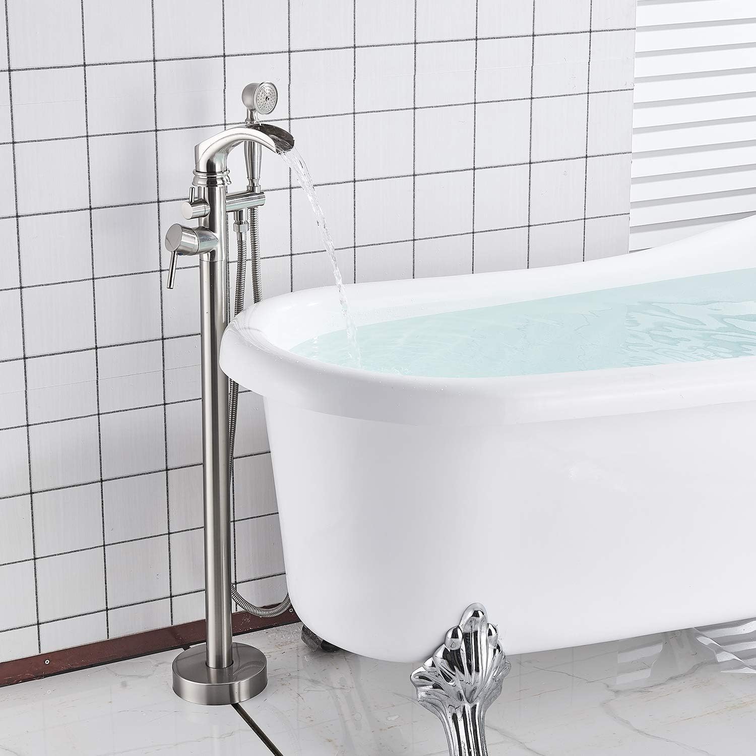 Exclusive Senlesen Brushed Nickel Bathroom Single Handle Freestanding Bathtub Faucet Floor Mounted Waterfall Tub Filler with Hand Shower Set