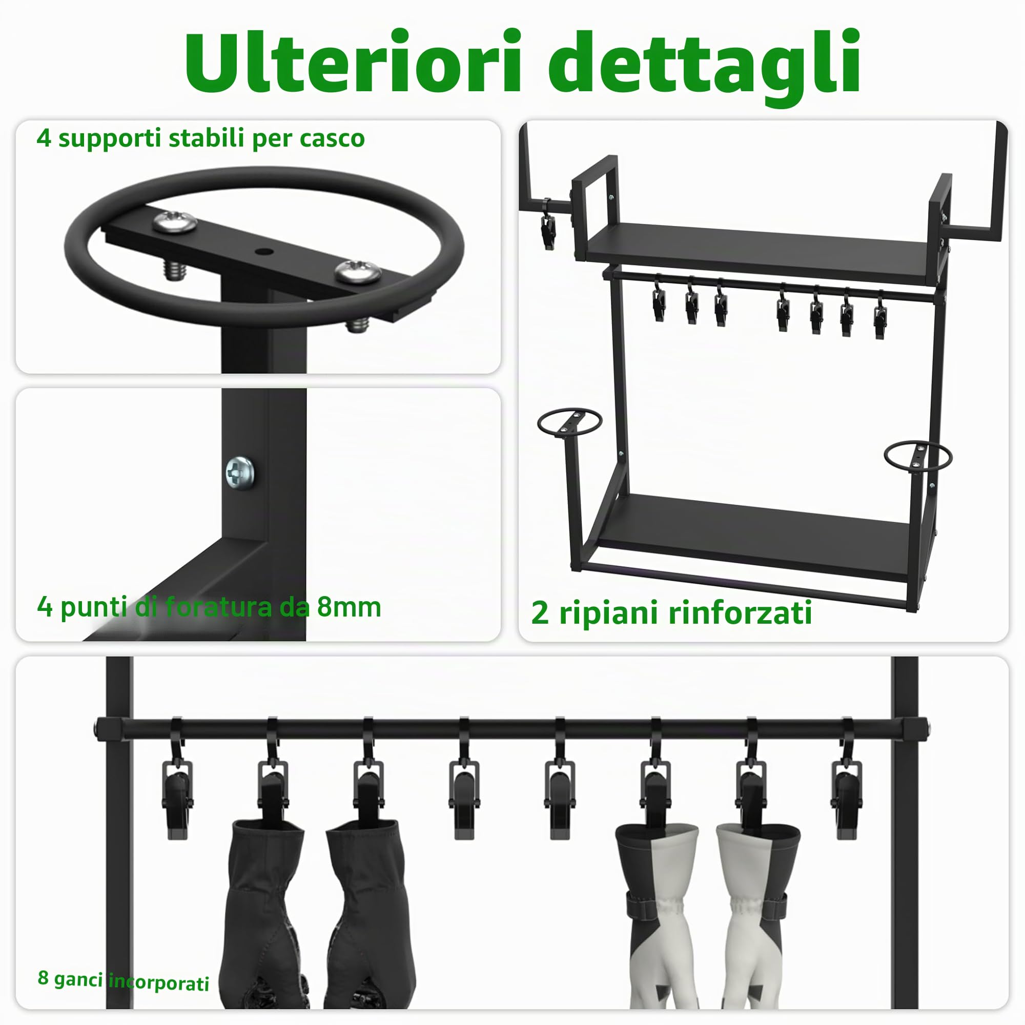Supporto per casco da parete, 5 in 1, supporto per casco da moto, supporto per con 8 ganci, robusto da parete in acciaio per caschi da calcio