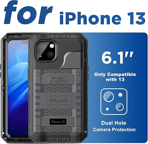 Miniatura 2 de Mitywah Funda impermeable para iPhone 13, funda de metal resistente de grado militar, funda protectora de pantalla integrada a prueba de golpes,