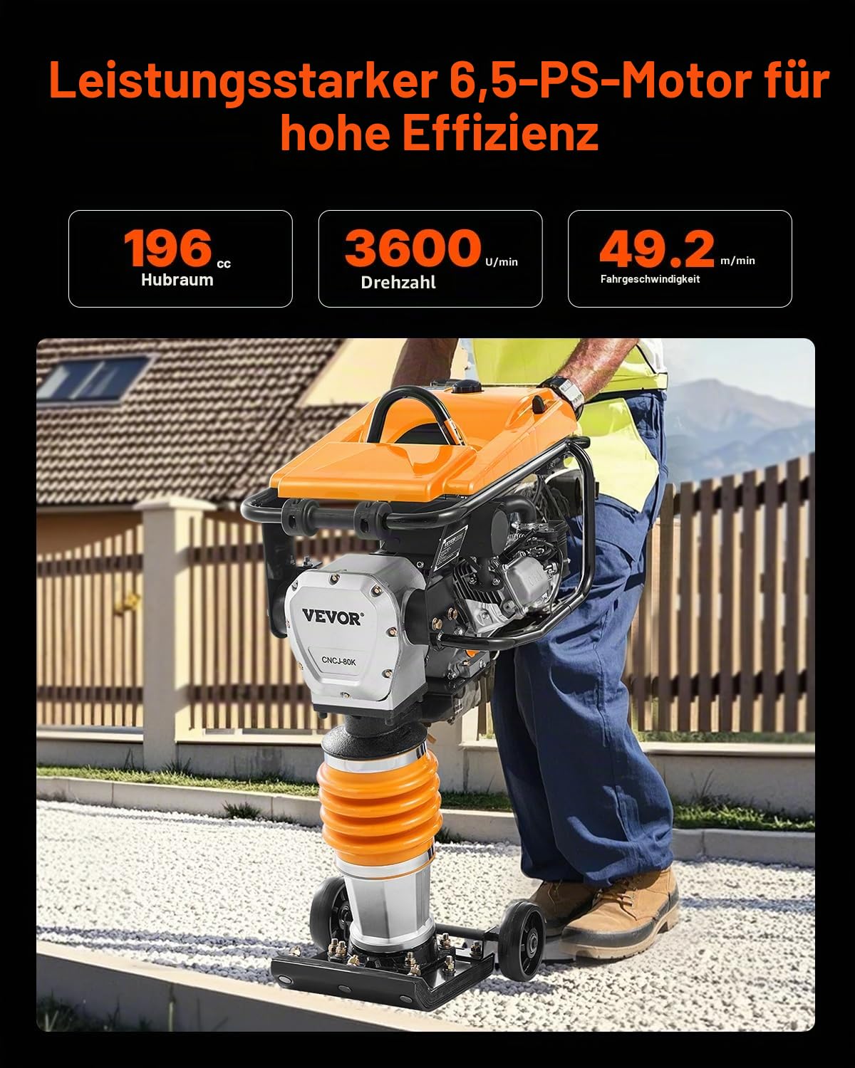 VEVOR 6,5 PS Vibrationsstampfer, kraftstoffbetriebener 196-cc-Motorstampfer, 1632 kg Schlagkraft, 66 cm max. Verdichtungstiefe, Vier Federn, Grabenstampfer für Erde, Kies, Betonplatten, Fundamente