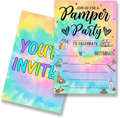 Tie Dye Pamper Spa - Juego de 20 invitaciones para fiesta de cumpleaños con sobres, tarjetas de invitación de cumpleaños (doble cara)
