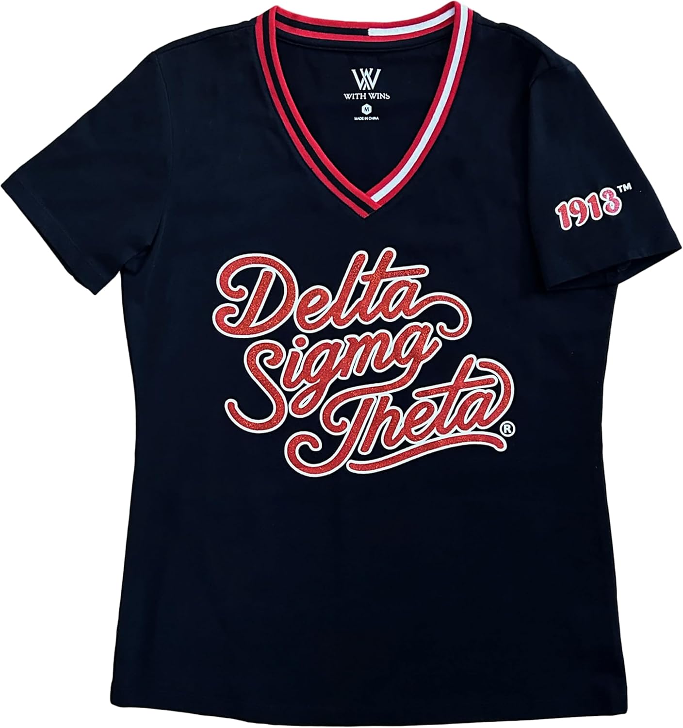 Delta Sigma Theta Design, DST Sorority Script Style Vibrant Glitter Design V-Neck T-Shirt