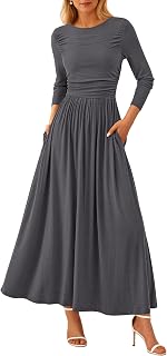 Women's 2025 Fashion Trendy Fall Long Sleeve Dresses Ruched Flowy Elegant Modest Boho Casual Beach Maxi Dress