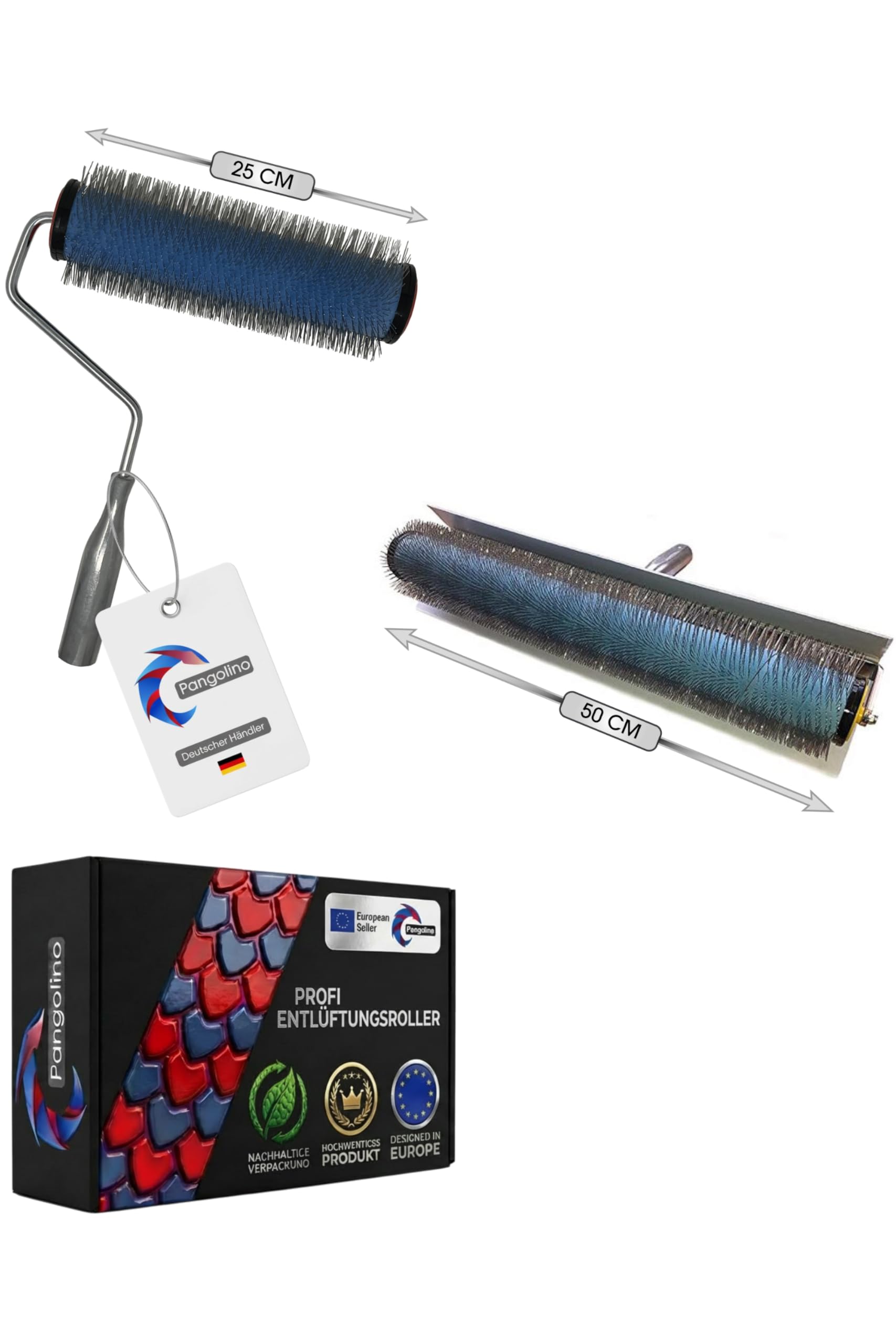 Pangolino Entlüftungsroller mit Metallstacheln Stachelwalze mit Stachellänge: 20 mm - Profi-Qualität (25 cm - 20 mm)