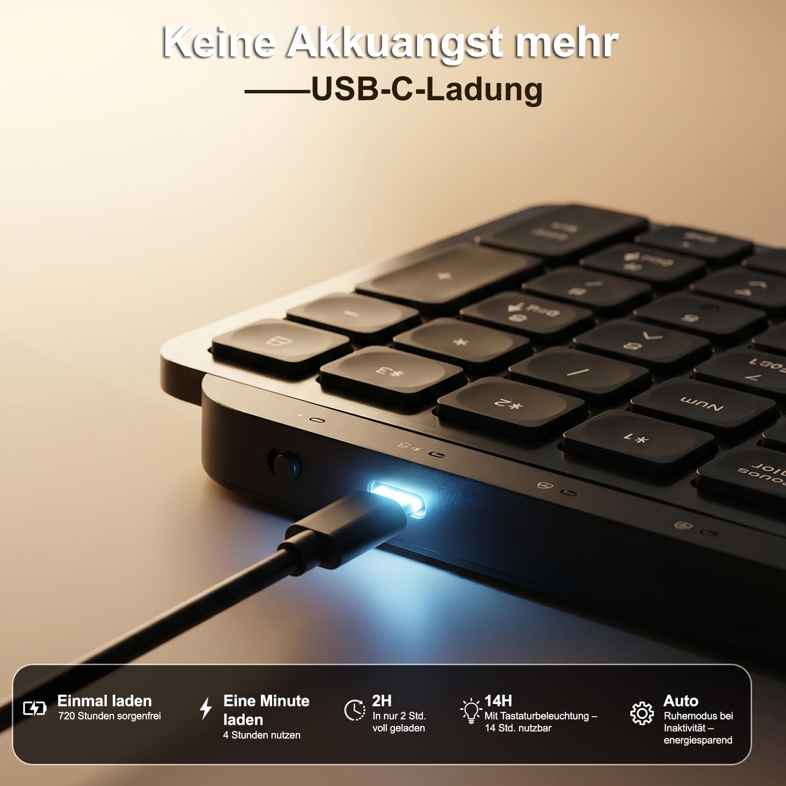 Tastiera wireless Bluetooth con illuminazione bicolore, tastiera multi-device per 4 dispositivi, meccanismo a forbice, USB-C, tastiera da ufficio silenziosa per Windows, Mac, PC, iPad e