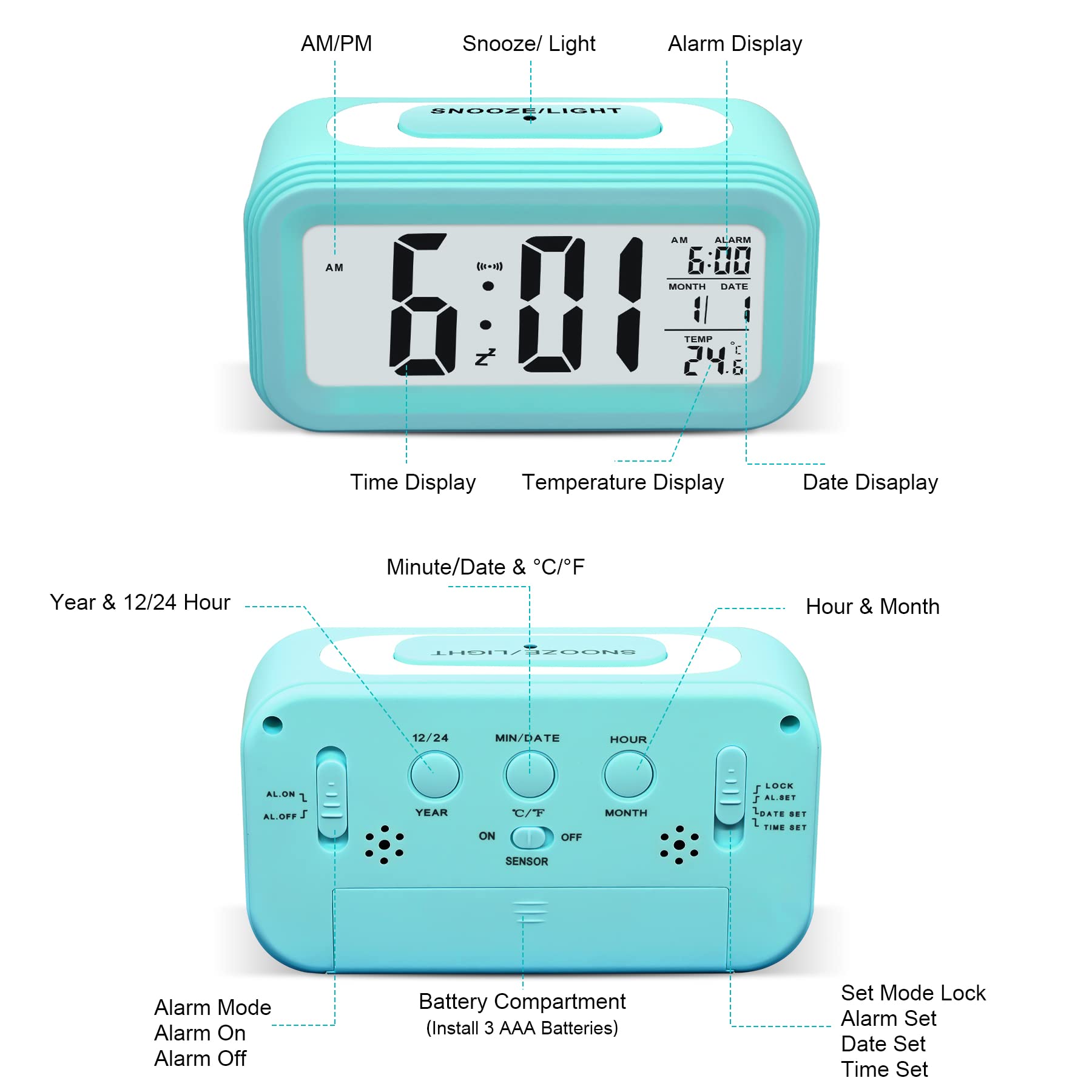 Larkumio Sveglia Digitale da Comodino LED Alarm Clock, Orologio Sveglia Luminosa Silenziosa a Pile Sveglie da Viaggio con Numeri Grandi Snooze per Adulti Anziani Bambini Ragazza Ragazzo, Blu