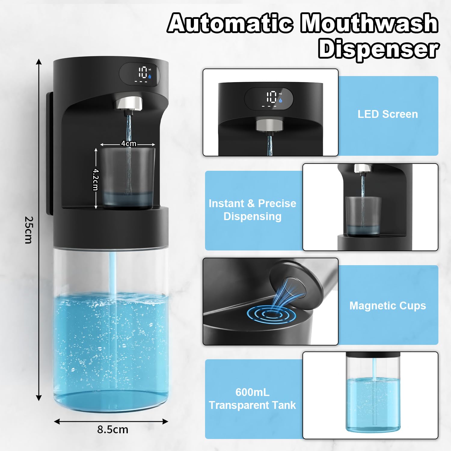 Dalugo Dispensador automático para enjuague bucal, 600 ml, fijación a la pared, 2 vasos magnéticos, negro, eléctrico, para niños y adultos, baño