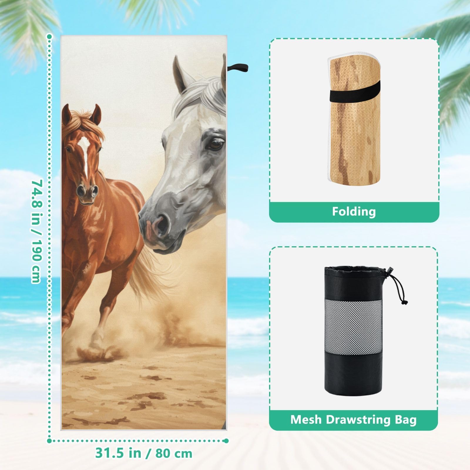 Toallas de playa grandes con bolsas de malla para adultos, toalla de baño de caballo blanco y caballos marrones con cierre magnético, toalla absorbente de secado rápido para piscina, camping y