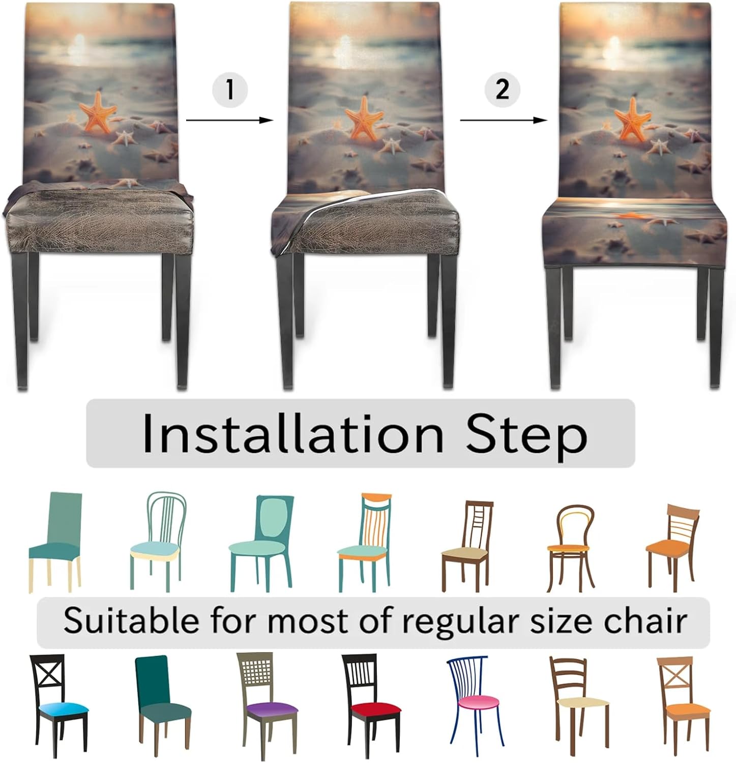 QsirBC Beach Beautiful Starfish Stretch Dining Room Chair Covers Set of 6 Chair Slipcovers Removable Washable Kitchen Seat Covers Chair Protectors for Hotel Party Wedding