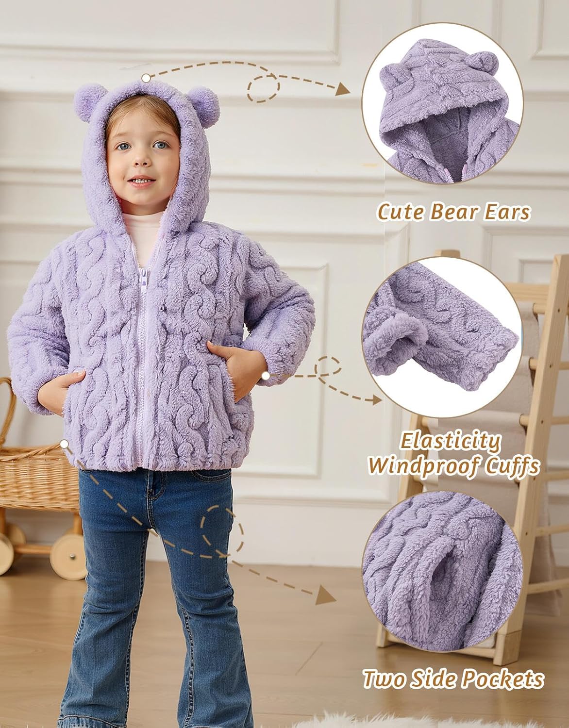 Toddler Fleece Jacket Girls Hooded Zip-up Coat Warm Winter Clothes with Pocket 2-6 Years - Image 4
