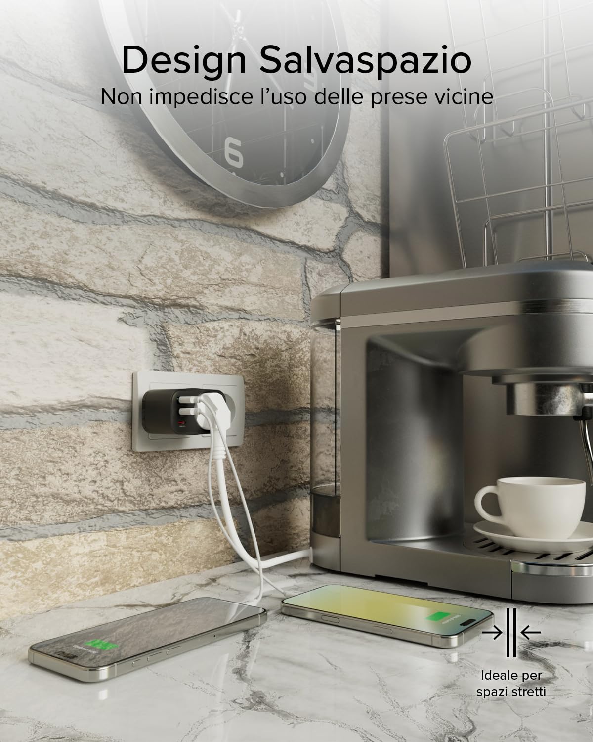 SBS Alimentatore Multi-Socket USB-C USB-A, Presa Schuko Passante MAX 3500W | Power Delivery (PD 3.0 PPS) 30W, Ricarica Rapida, Caricabatterie per iPhone, Android, Tablet e MacBook Neo, Nero