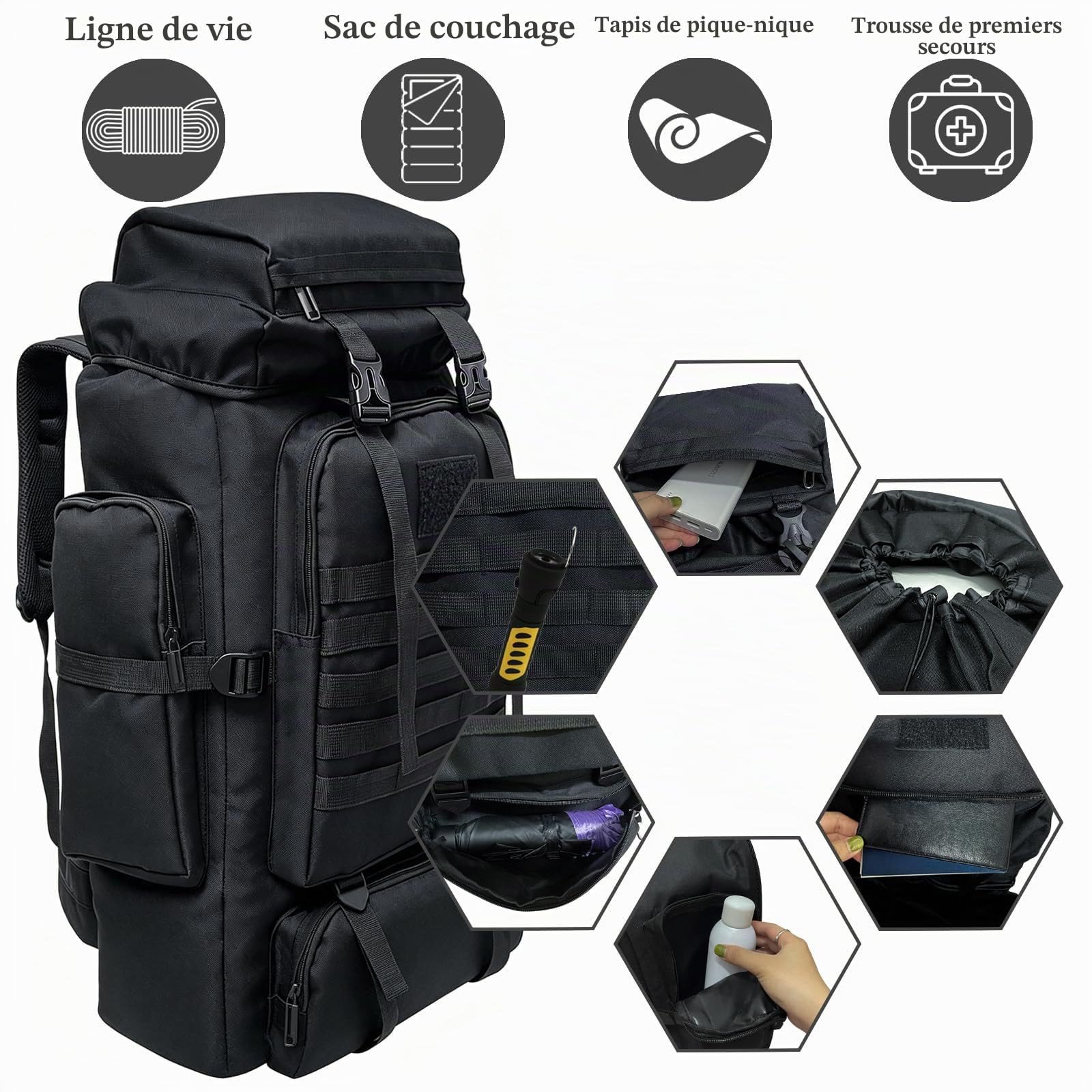 80L-100L Sac à Dos De Randonnée Sac à Dos De Camping Grand Sac à Dos Molle Tactique Militaire En Plein Air Voyage Escalade Alpinisme Sac à Dos Sac à Dos Trekking Sac à Dos pour Hommes Femmes