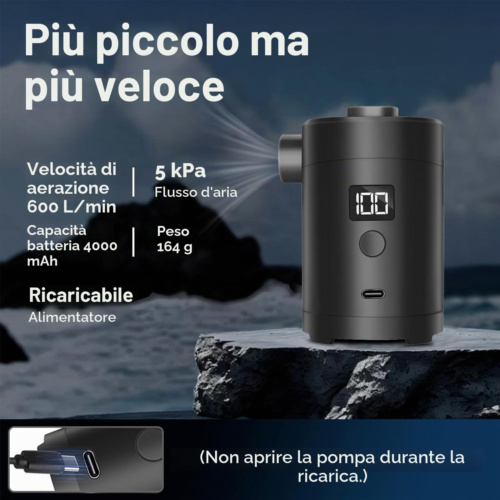 Pompa Aria Elettrica Ricaricabile USB 280L/min - 3600mAh, 4 Ugelli, Display Digitale, Portatile Mini per Materasso Gonfiabile Campeggio