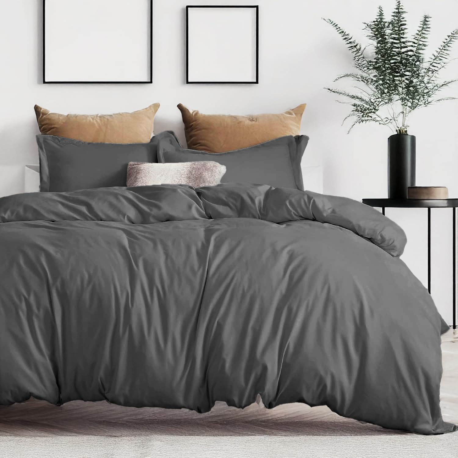 LINENWALAS Set copripiumino per letto matrimoniale, 100% cotone egiziano, 400 fili, con chiusura a cerniera e lacci agli angoli (200 x 200 cm, grigio)
