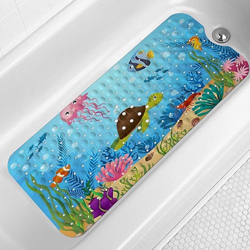 LNOND Alfombra de baño para niños, tapete de baño de tortuga marina, antideslizante con agujeros de drenaje y ventosas, lavable a máquina (40 x 16