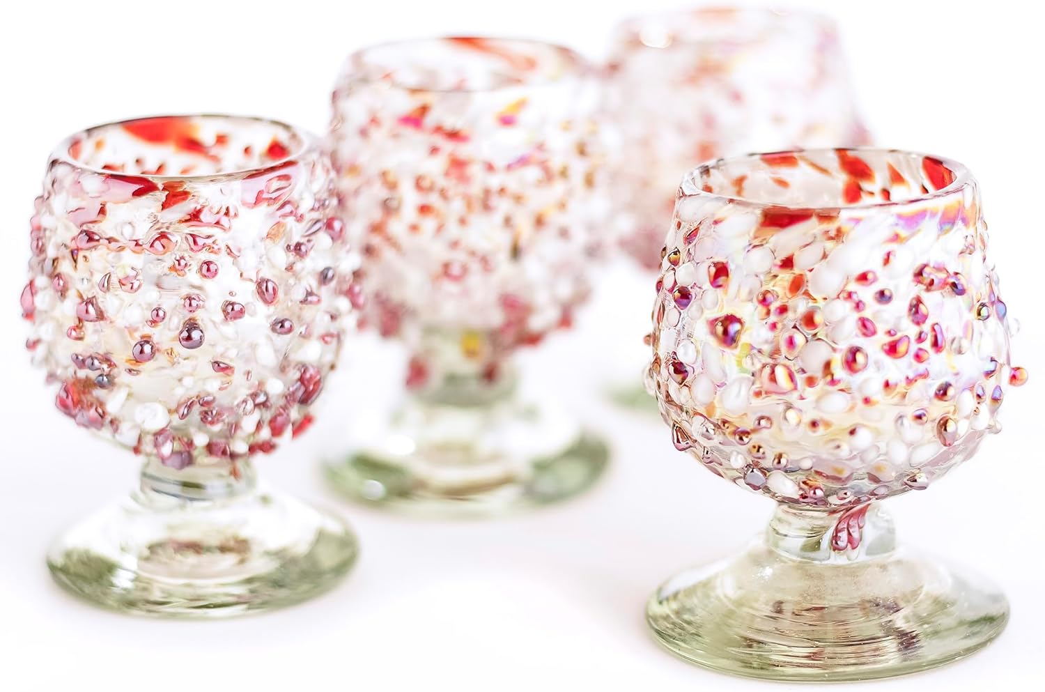 Authentic Mexican Tequila Shot Glasses (Set of 4) - Hand Blown 2oz Mini Snifters - Festive Red & White Stone Blend, Heavy Base