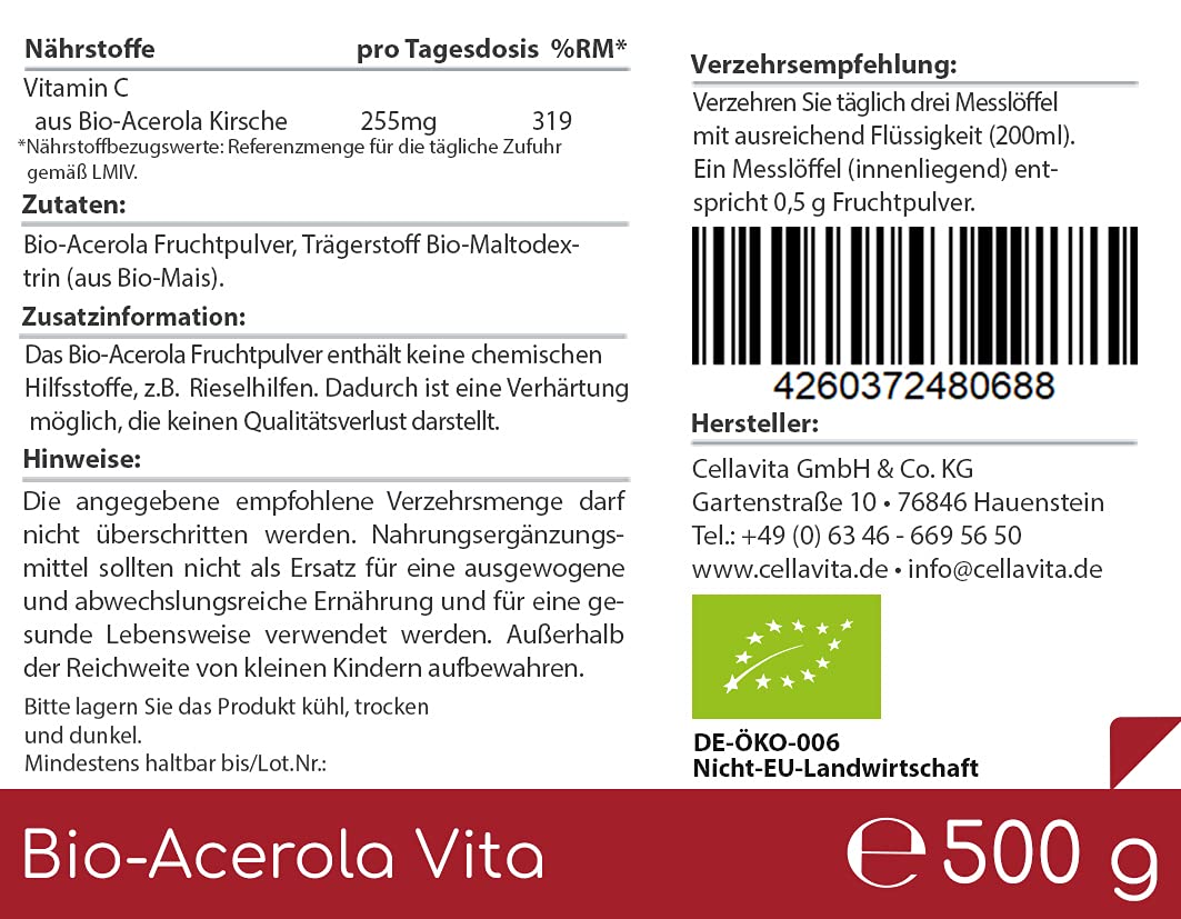 Cellavita – Bio Acerola Pulver Vita (Der Vitamin-C-Drink) 500g im Vorratsbeutel - Natürliches Acerola-Fruchtpulver – Zusatz für Getränke & Smoothies – Nahrungsergänzungsmittel zusatzstofffrei