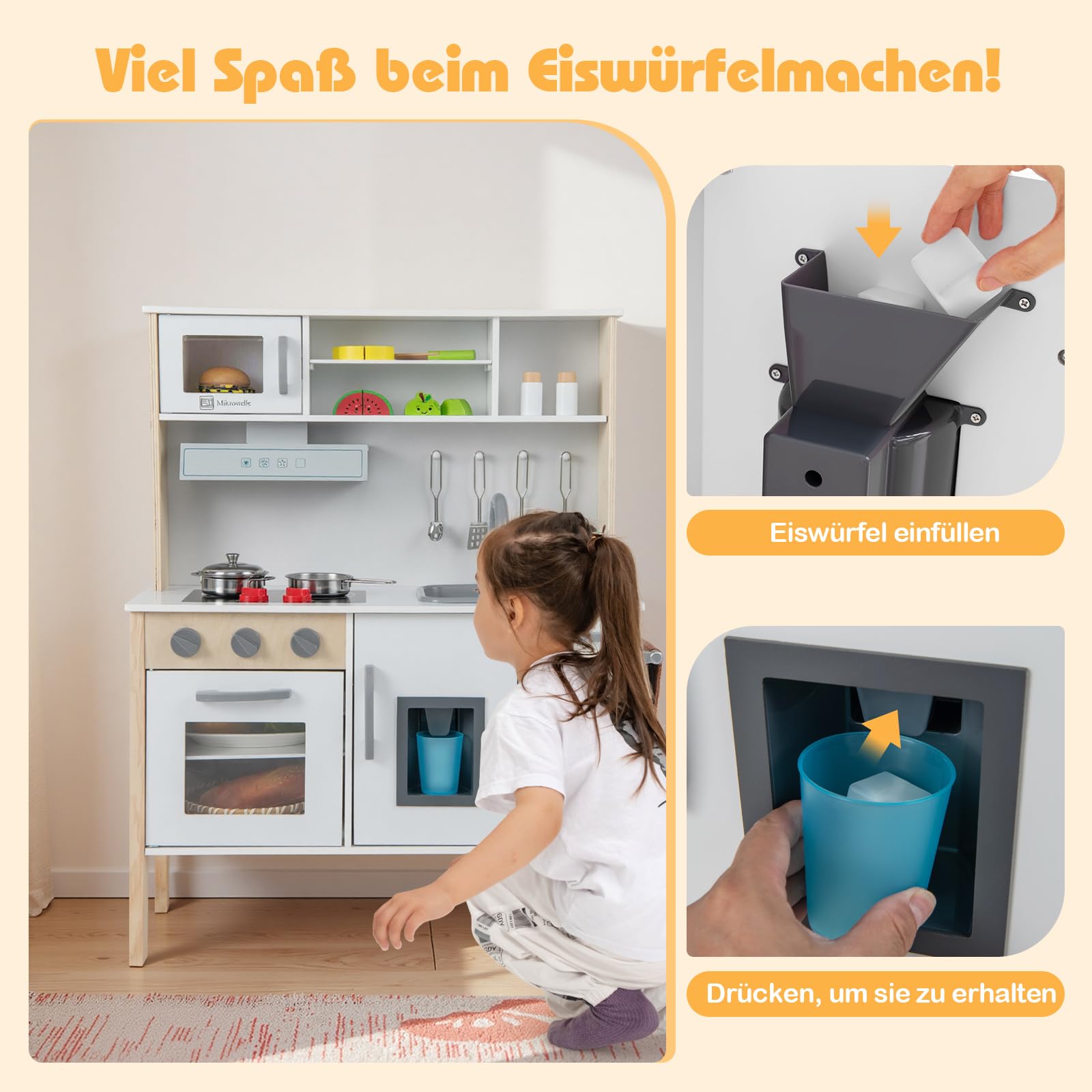 GOPLUS Drewniana kuchnia dla dzieci z kuchenką mikrofalową, zlewem, kranem, kuchenką gazową, okapem, kostkarką do lodów i piekarnikiem, zabawkowa kuchnia drewniana dla dzieci od 3 lat (biała)