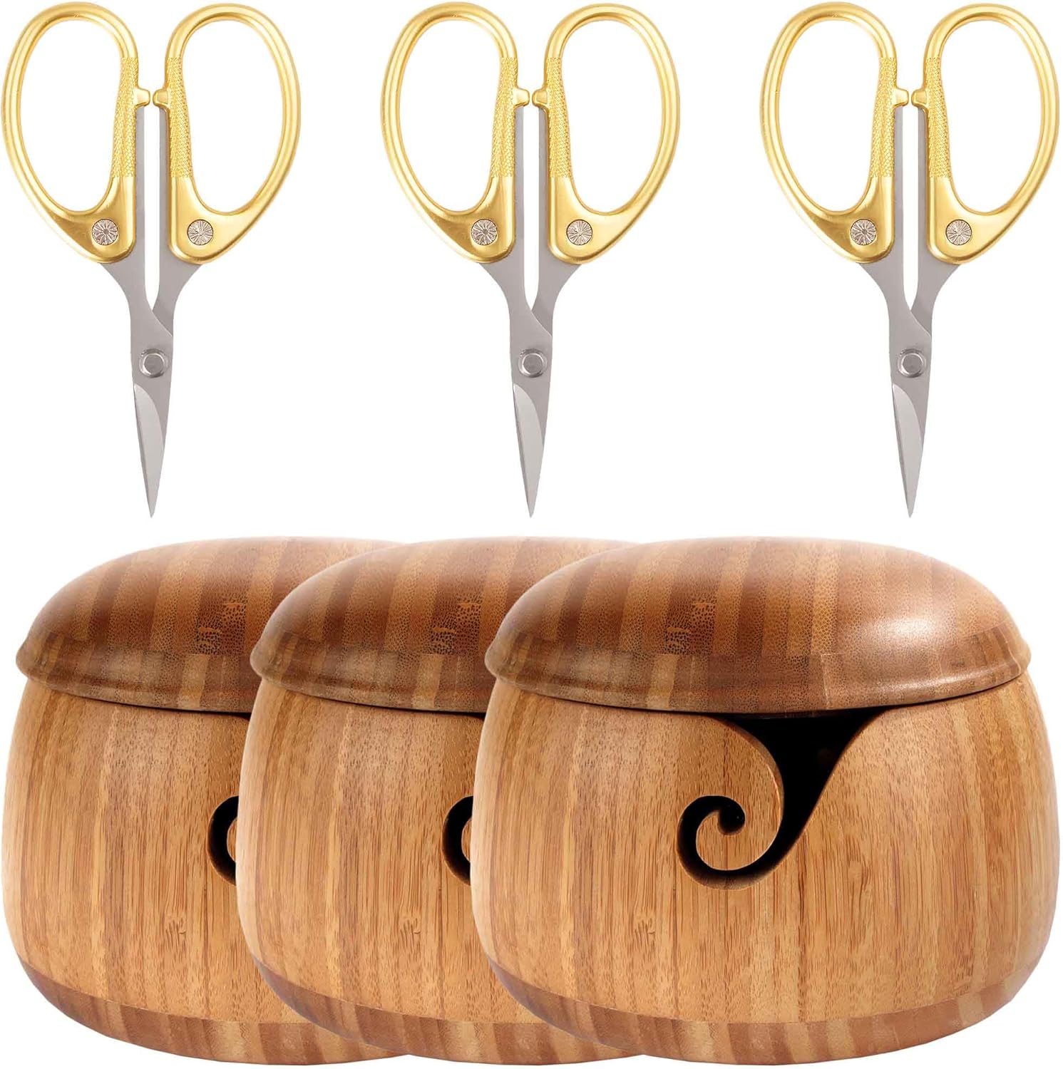 JubileeYarn Bamboo Yarn Bowl with Removable Lid + Embroidery Scissors Combo - Natural Bowl - 3 Pieces