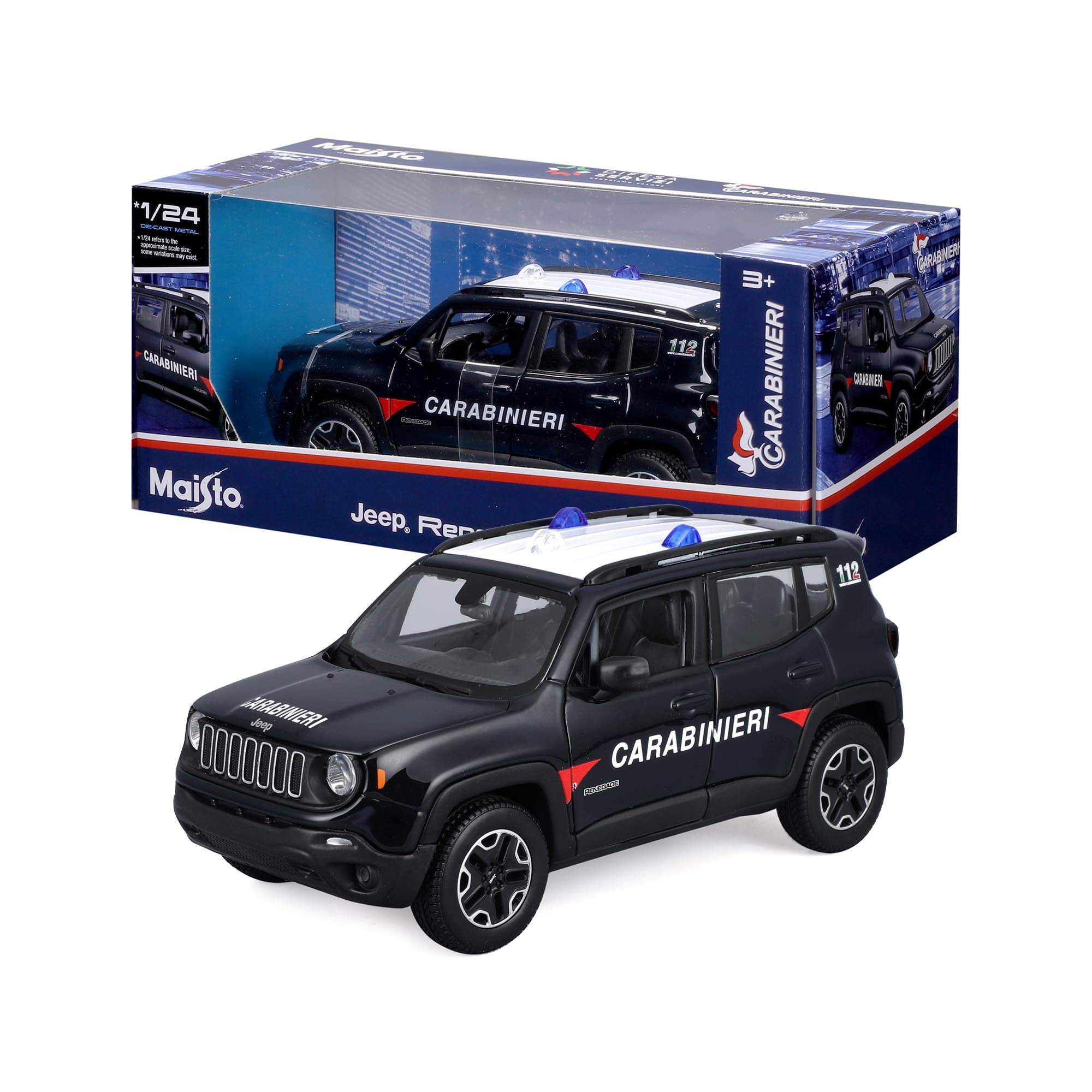 Maisto - Jeep Renegade Carabinieri, Scala 1:24, Modellino Diecast con Portiere e Cofano Apribili, Licenze Ufficiali Jeep e Carabinieri, Dettagli Realistici, Età Consigliata 3+ Anni