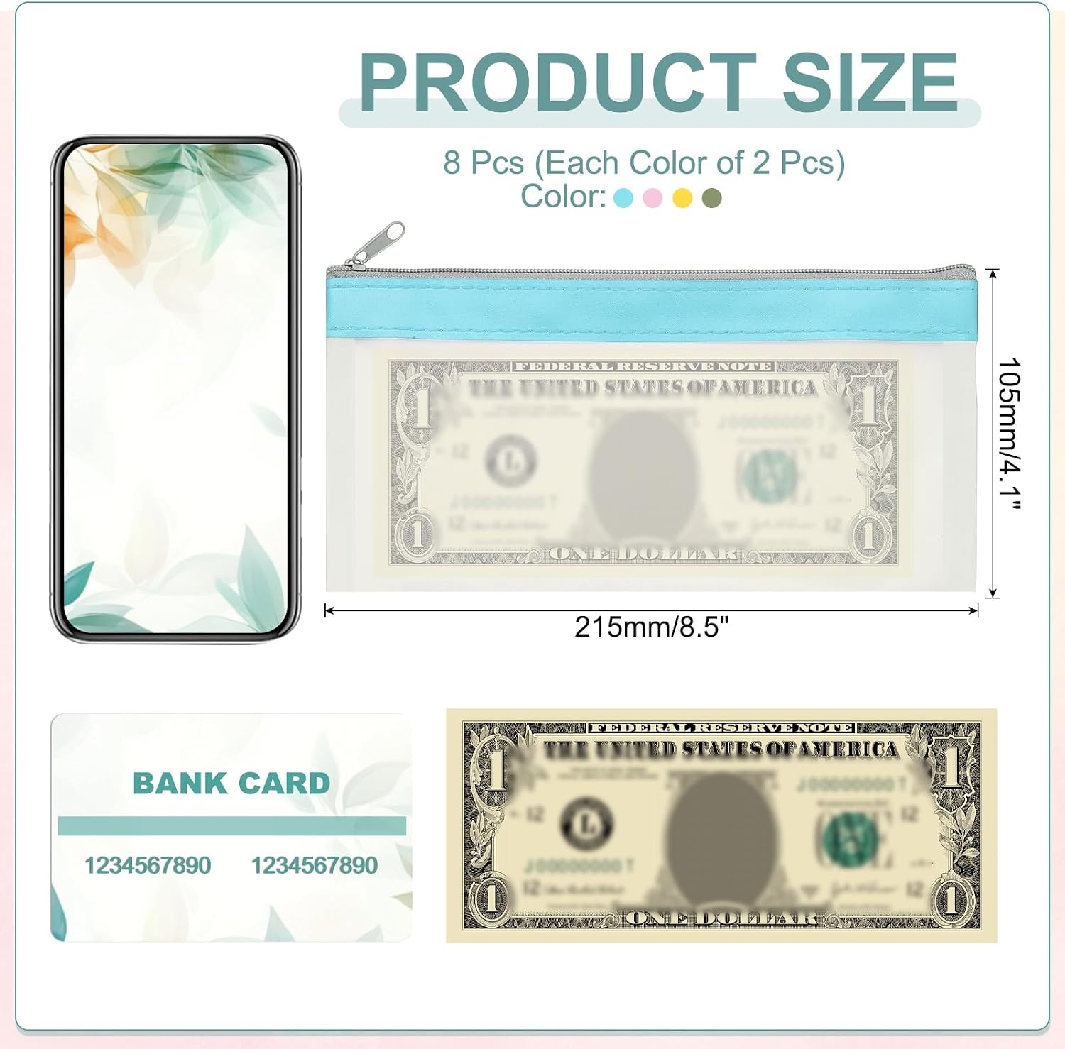 PATIKIL 8.5x4 Inch Money Bags with Zipper, 8Pcs Clear PVC Cash Deposit Bank Pouch Envelopes Check Wallet for Coin Cosmetics Invioce Bill, Blue/Pink/Yellow/Green image 2