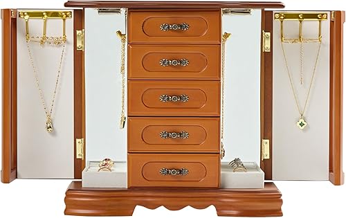 Stufurhome Joyero de madera con gancho de collar integrado de 5 cajones y espejo marrón