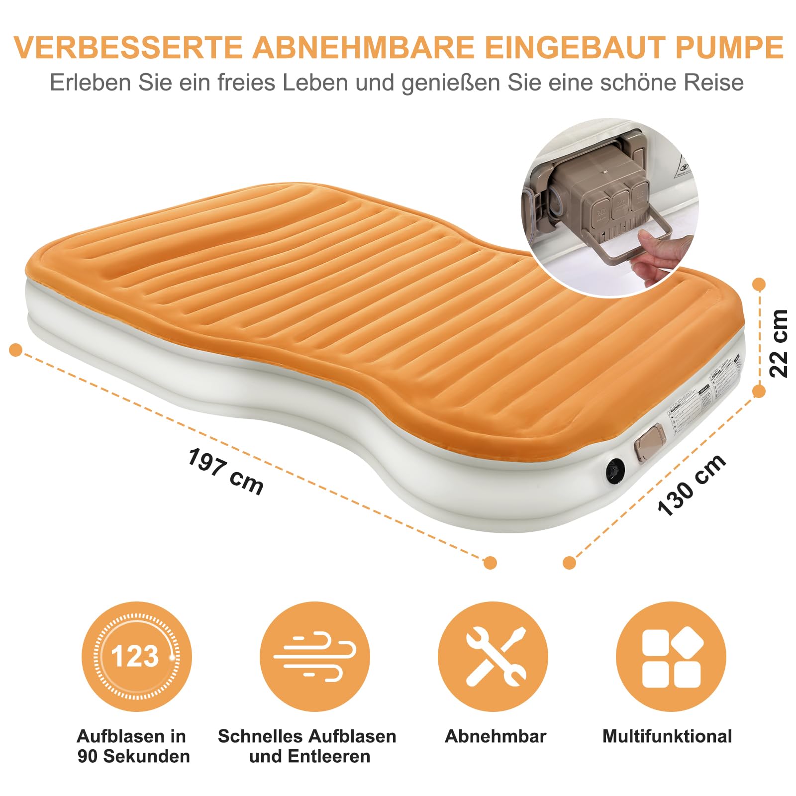 KMZ SUV-Luftmatratze mit eingebauter Pumpe und 2 Kissen, Dickes flockiertes PVC, schnelle 90-Sekunden-Inflation, tragbare und langlebige Auto-Luftmatratze für Camping, Reisen, LKW