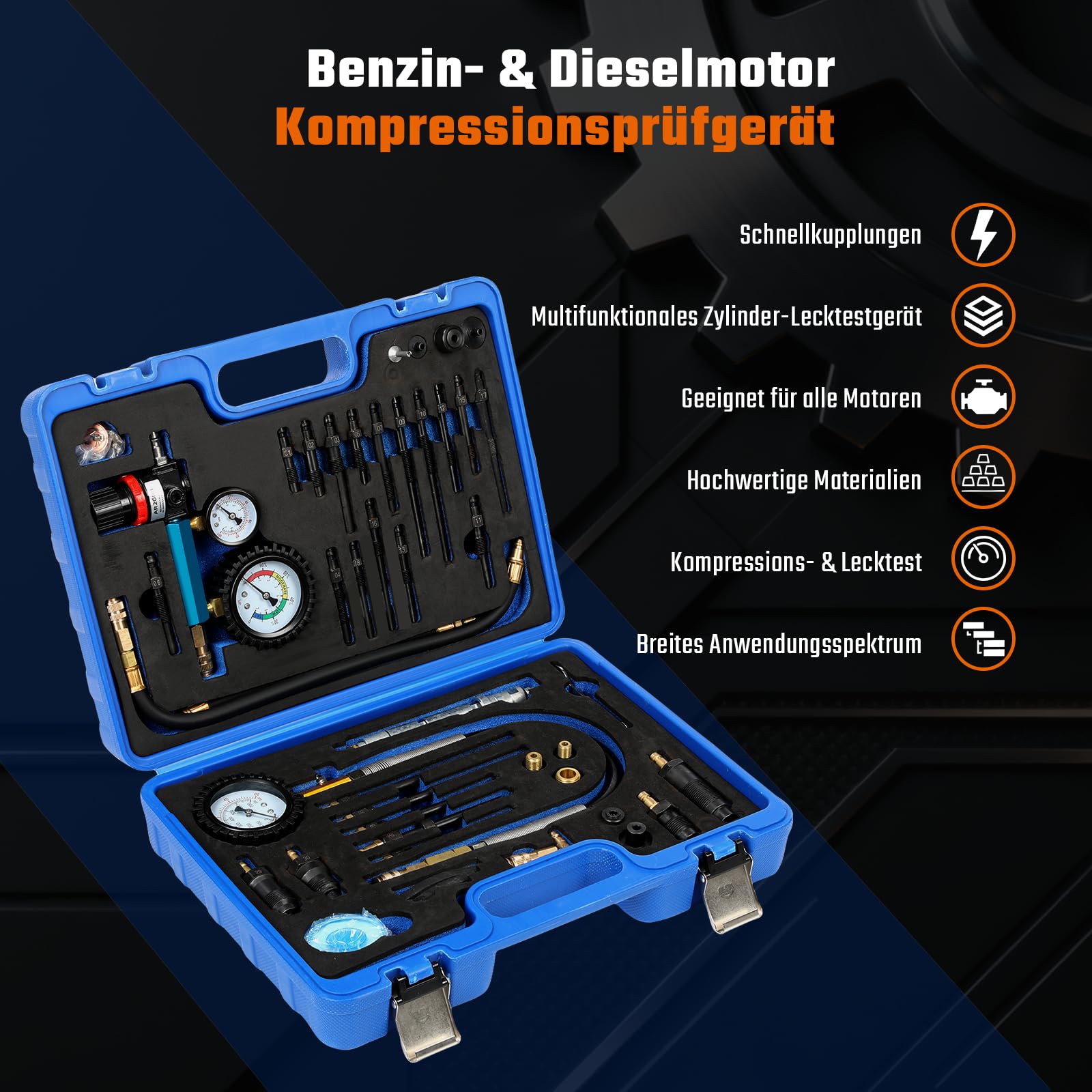 GEARMONSTER Probador de compresión profesional para motores de pérdida de presión, compatible con motores diésel y gasolina, comprobador de pérdida de presión