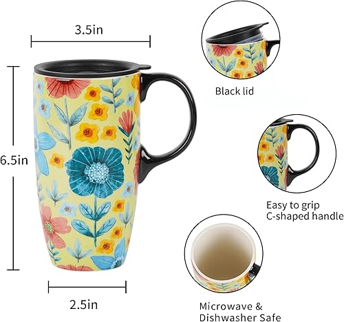 Miniatura 6 de DUSVALLY Taza de Café de Cerámica Taza de Viaje Regalo con Tapa 17oz, Taza de Té con Asa para Latte, Capuchino y Cacao, Tazas de Café de Porcelana