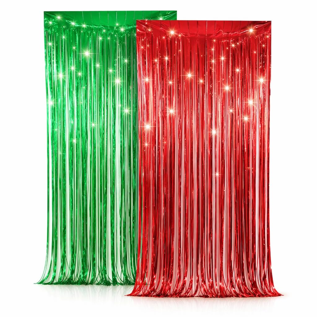 Red Green Tinsel Foil Fringe Curtain 2Pcs - Party Decor 3.2ft x 6.4ft | Shimmering Door & Wall Decoration for Christmas, Valentines, Discos and Party backdrop