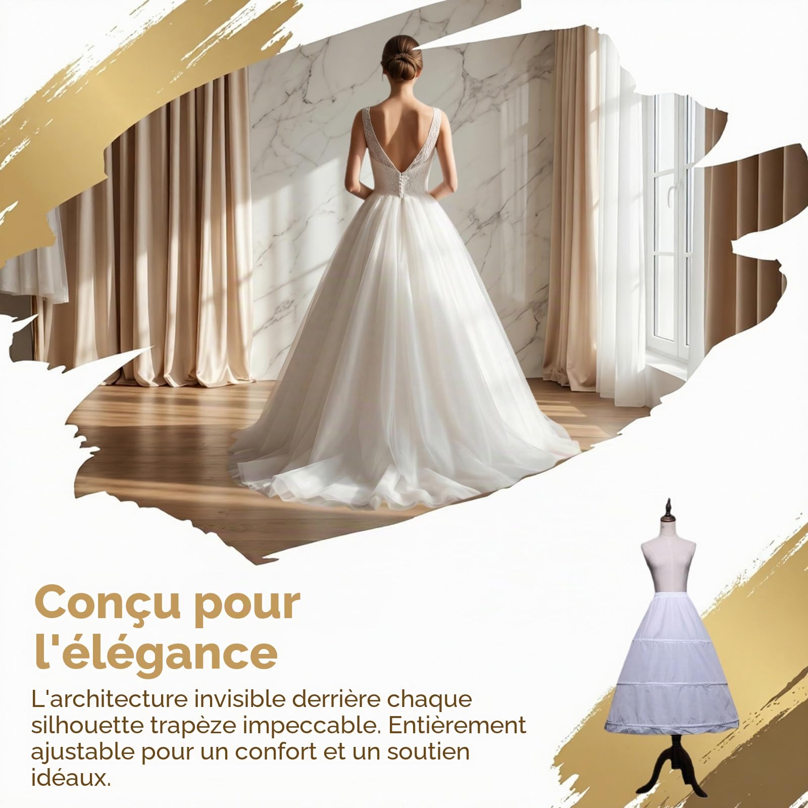 Jupon Crinoline Long de Femme, 3 Couches Cerceaux, Jupon pour Robe Mariée de Mariage, Mi-Longue Crinoline Demi-Slips, 3 Hoops pour Demoiselle d'honneur Mariage, Blanc, Élégance et Confort