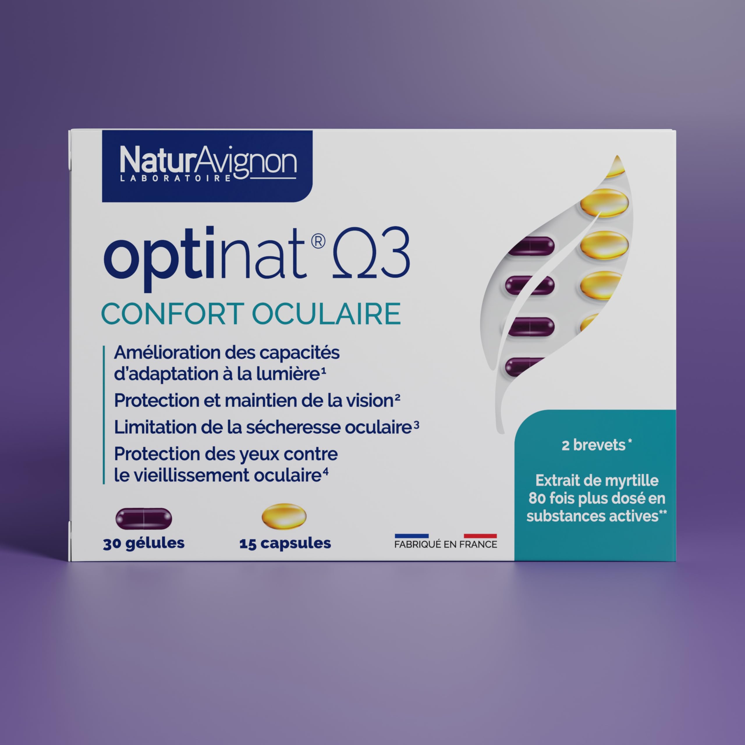 NaturAvignon Optinat | Complement alimentaire yeux confort oculaire + vision optimale | Riche en EPA + DHA | Extrait de myrtille + luteine yeux | Fabriqué en France | 15jours