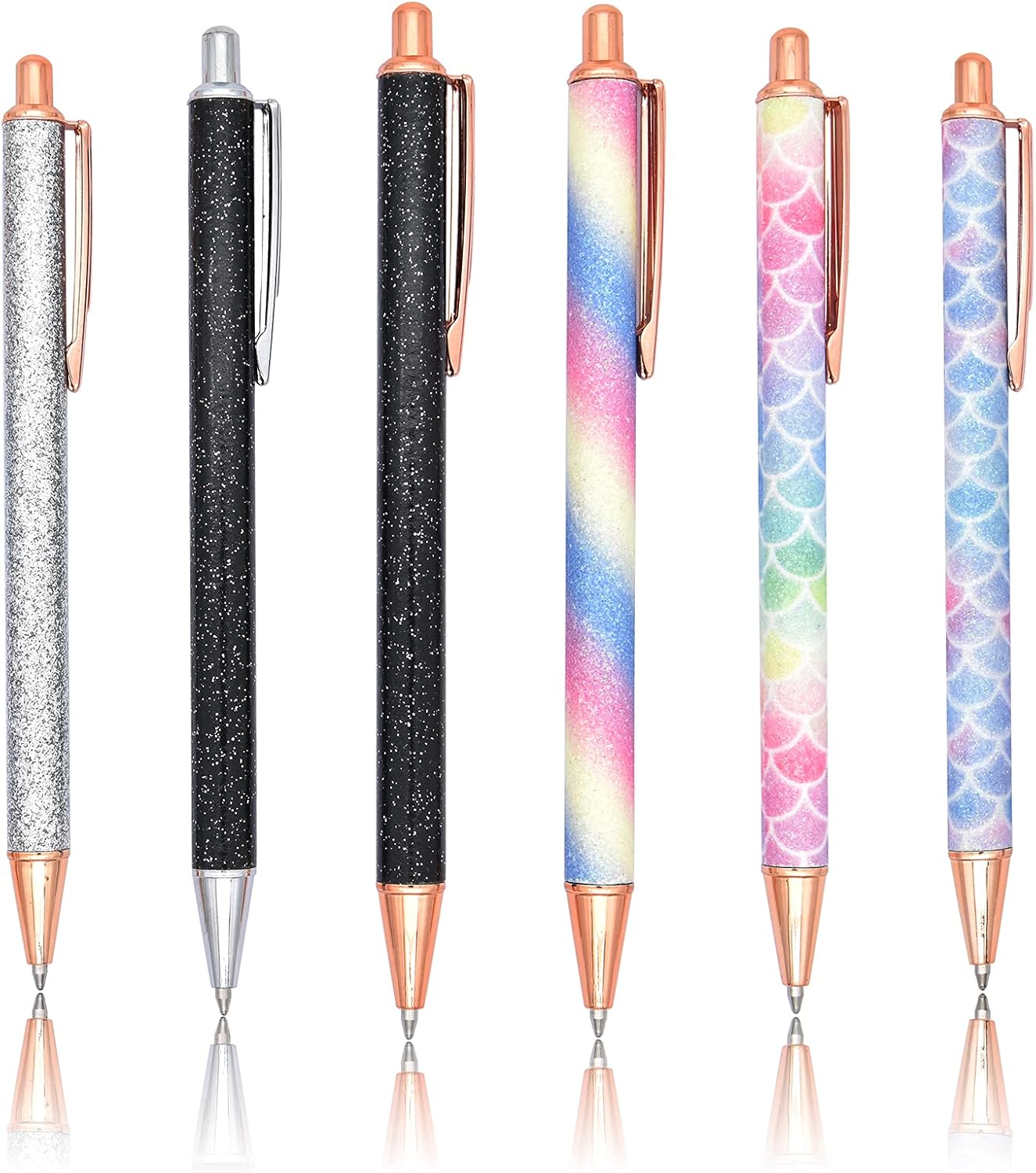 Gullor 6 Pieces Glitter Metal Black Ink Retractable Ballpoint Pen Bling Rose Gold Clip for School Business Office Style B