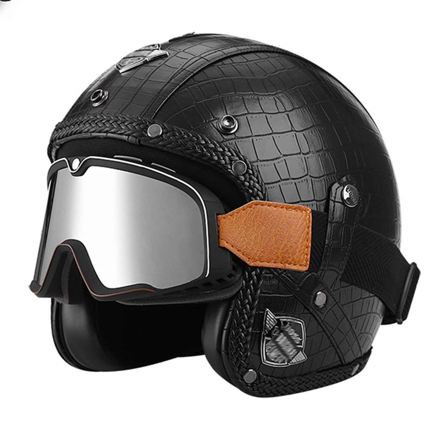 Casco abierto retro con gafas integradas estilo jet vintage de cuero 8