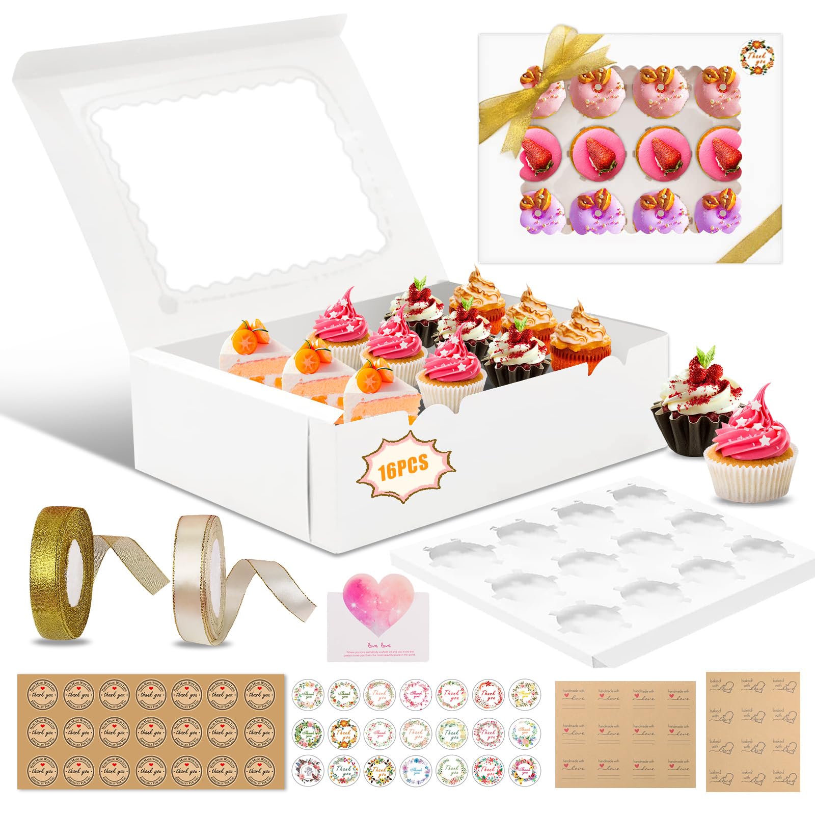 Empaque Tartas Bodas Cumpleanos 16 Cajas Para Cupcakes Con Ventana -  Incluye Soportes, Cintas Y Tarjetas Para Regalo Cajas Tartas Montar 12  Huecos, image size:1600x1600