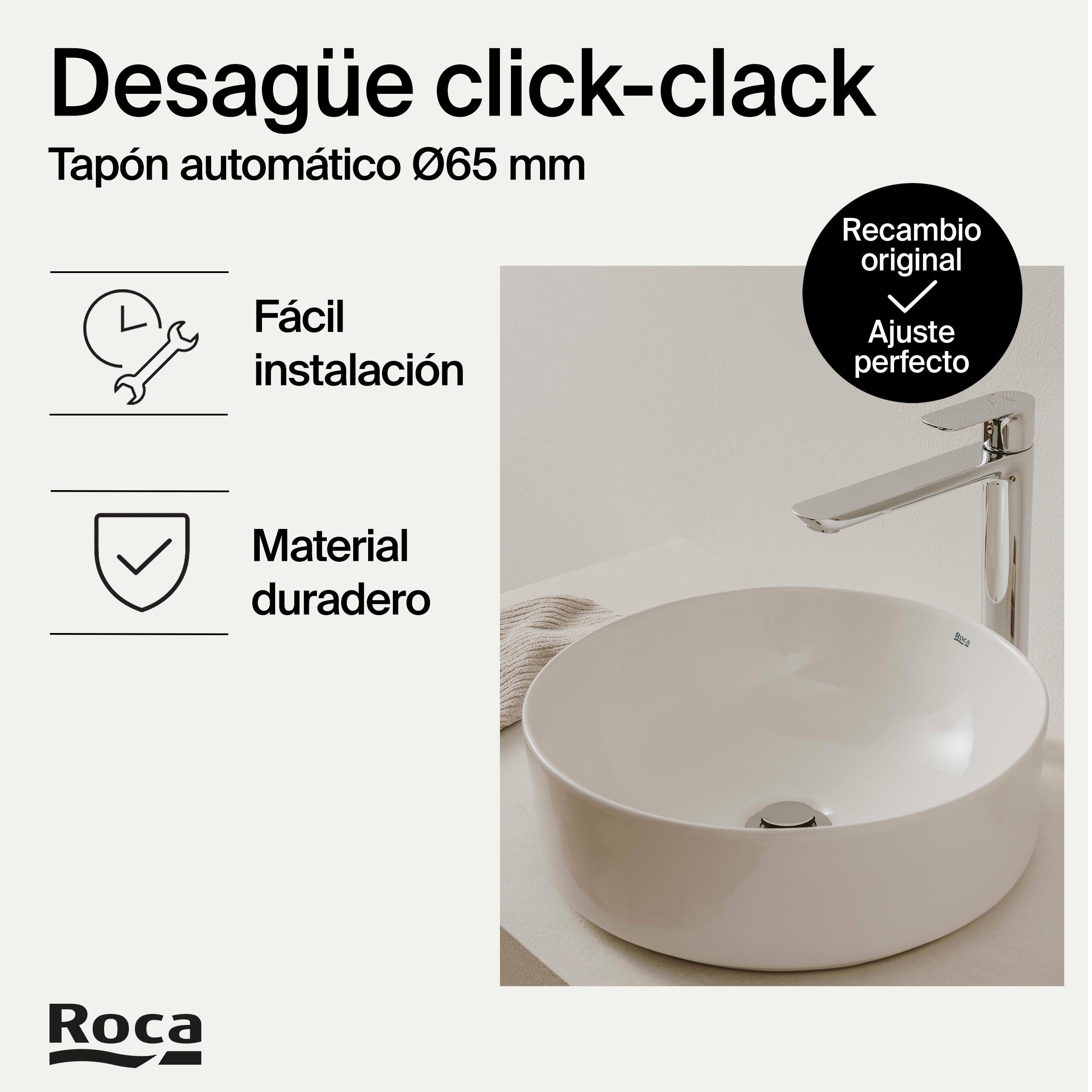 Roca Recambios originales - Desagüe para lavabo/bidé de 1 1/4" con rebosadero y tapón automático . Recambios originales de grifería. Ref. A505400000