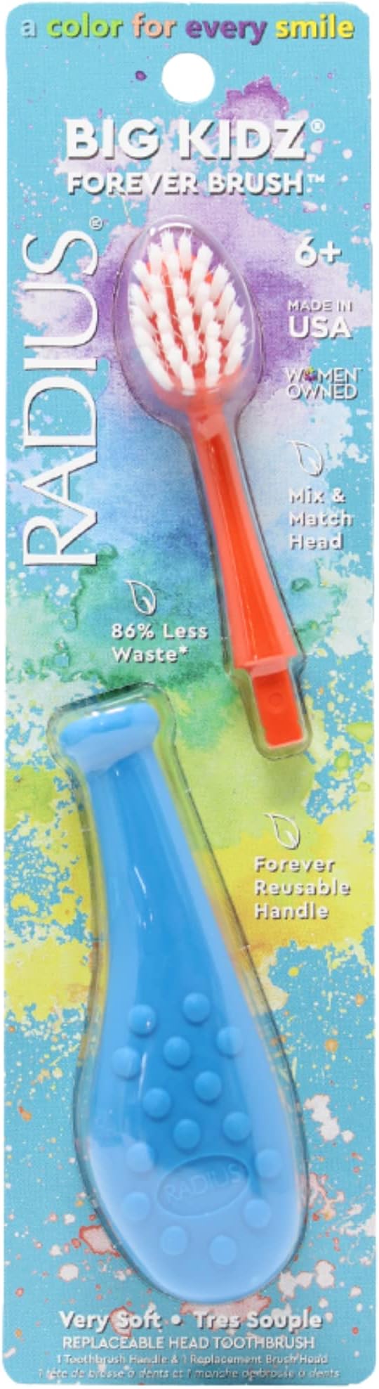 Big Kidz Forever Brush with Replaceable Head Toothbrush for Children, 6 Years and Up, BPA Free ADA Accepted for Growing Teeth and Gums - Right and Left Handed, Extra Soft