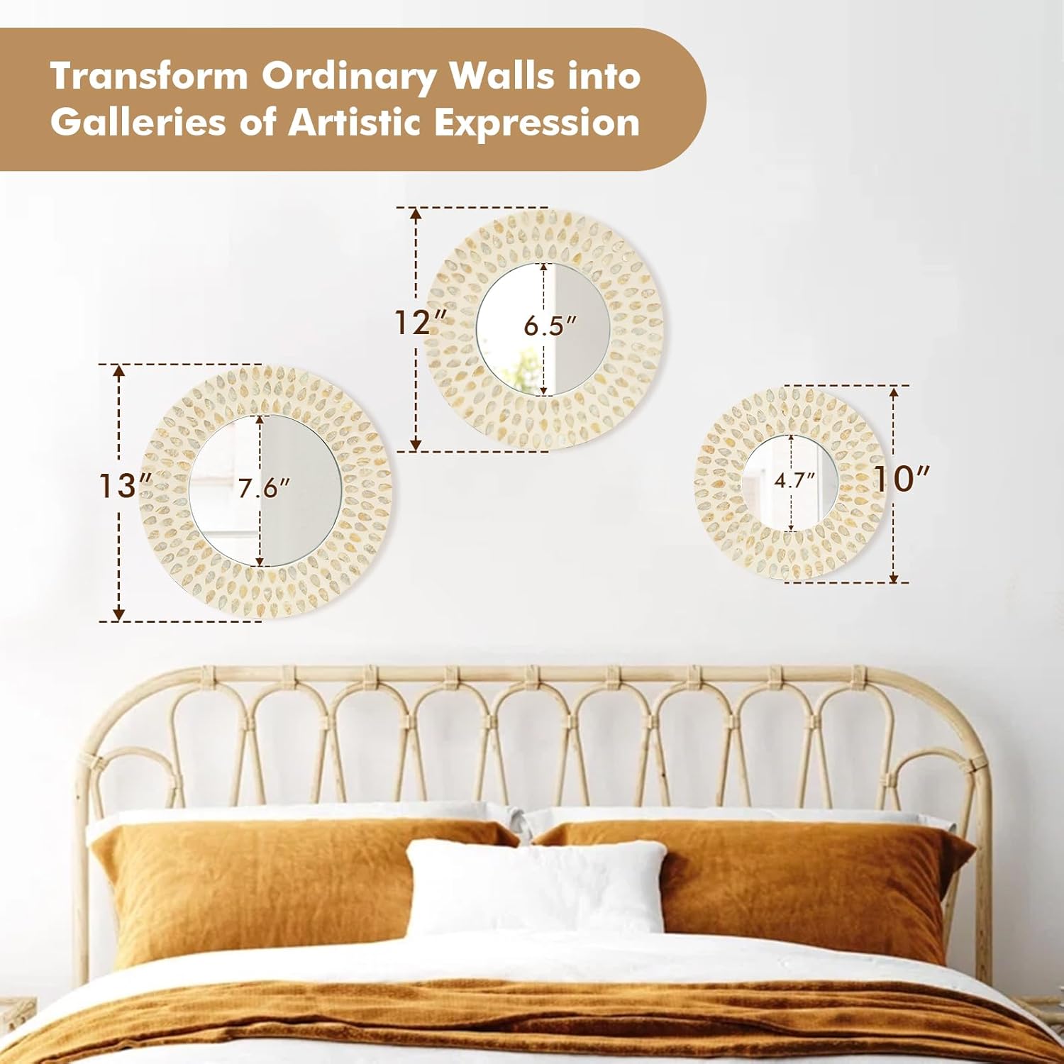 Boho Mirror Wall Decor for Living Room, 3PCS Natural Mother of Pearl Decorative Mirror for Farmhouse Rustic Home, Hanging Sculptures for Women Bedroom Hallway Porch Decoration (Light Brown) - Image 3