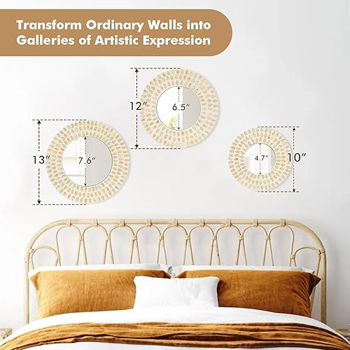Miniatura 3 de Espejo bohemio para decoración de pared para sala de estar, 3 piezas de madreperla natural, espejo decorativo para casa rural rústica, esculturas