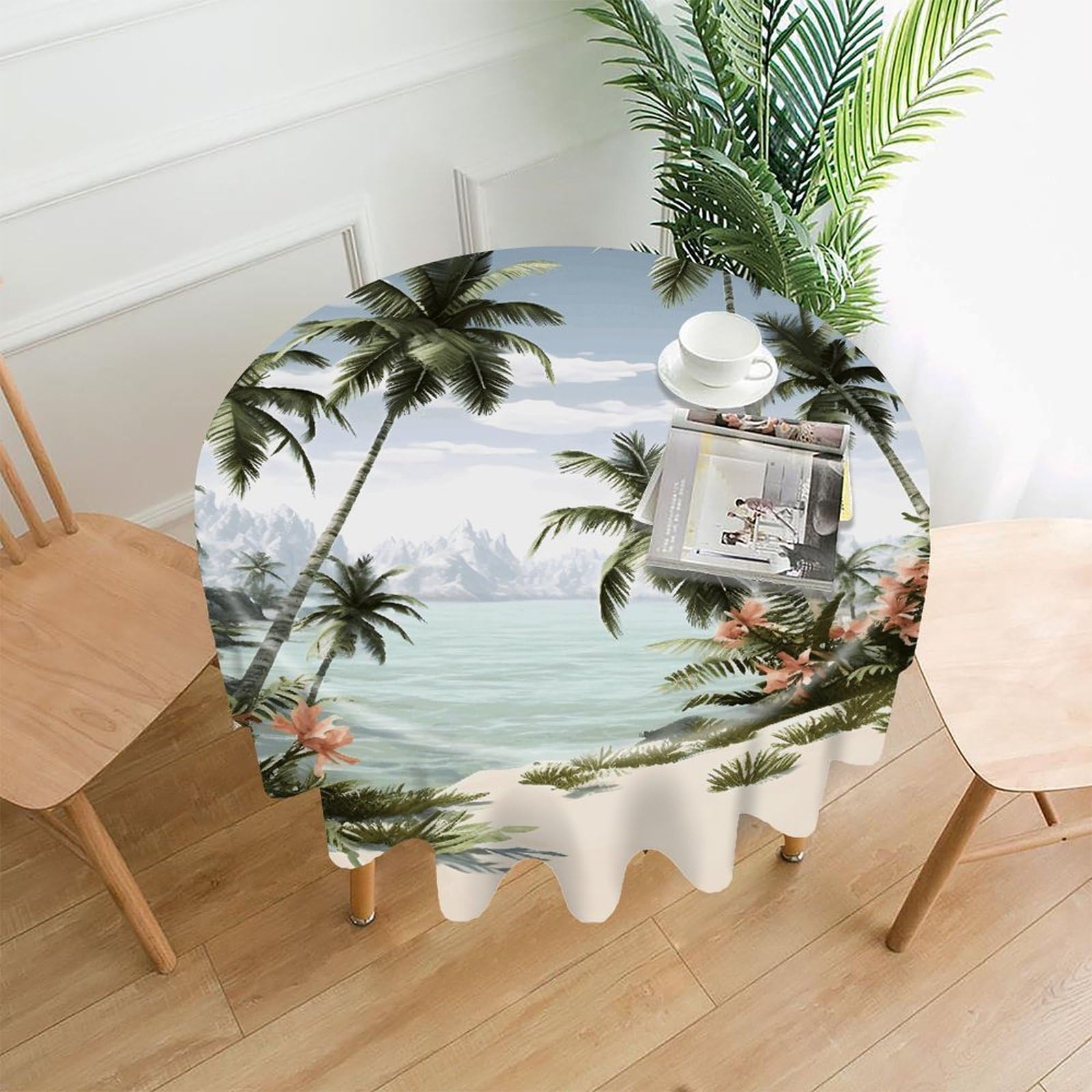 VstaDank Tropical Palm Trees Tablecloth Easy to Clean Polyester Round Table Cover Washable Round Table Cloth Wrinkle-Free Circle Decoration Tablecloth for Kitchen Dining Room 60"