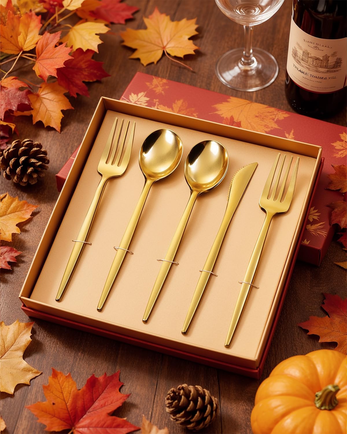 PULOTE 150PCS Thanksgiving Gold Plastic Silverware Disposable - Heavy Duty Gold Plastic Cutlery - Gold Plastic Utensils Set Include 50 Knives,50 Forks,50 Spoons for Party&Wedding