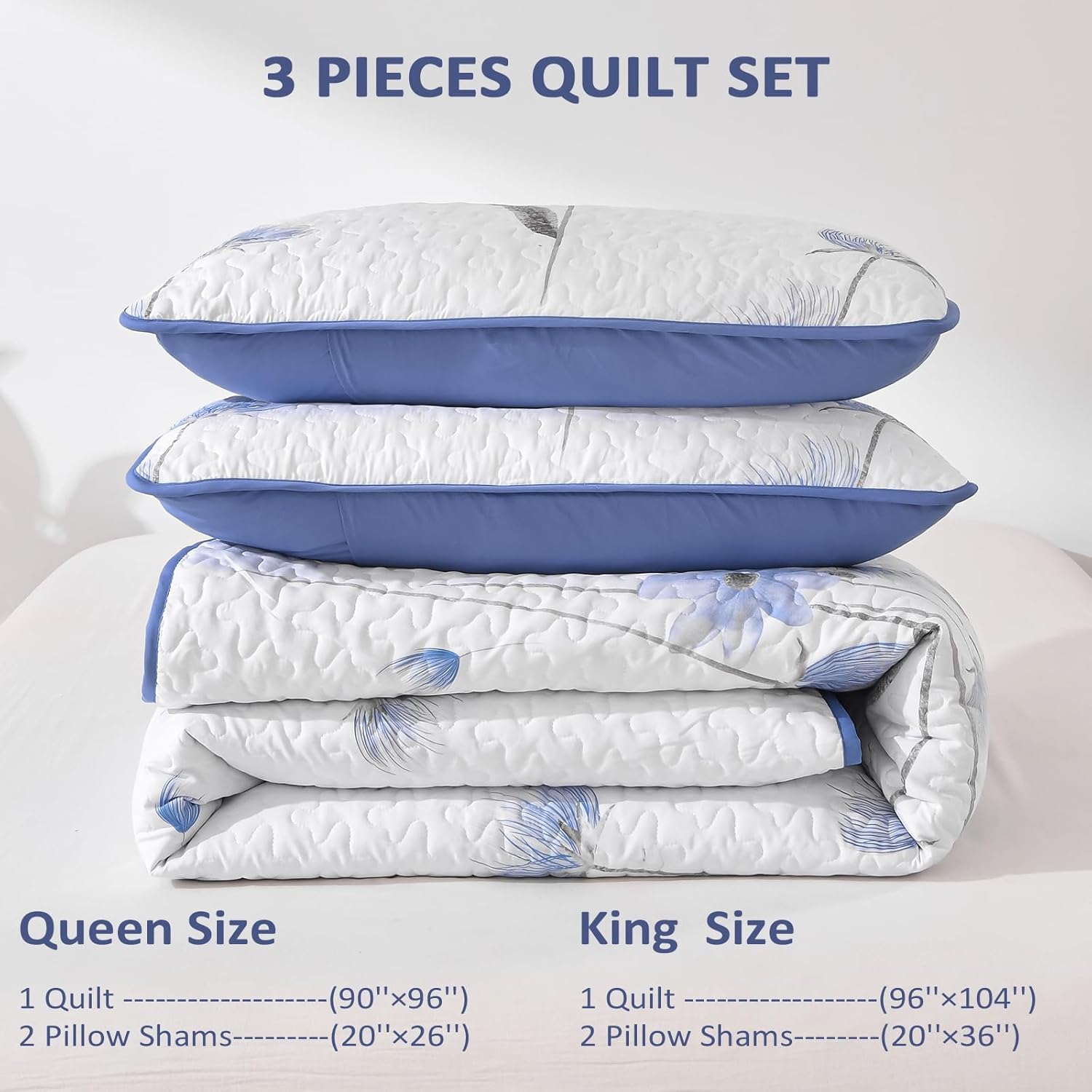 Dinjoy Floral Quilt Set Queen,Blue Bedspreads Queen Size 3 Pieces Cute Bedding Set Farmhouse Quilts Soft Flower Bedspreads White Coverlet Sets for All Season - Image 6
