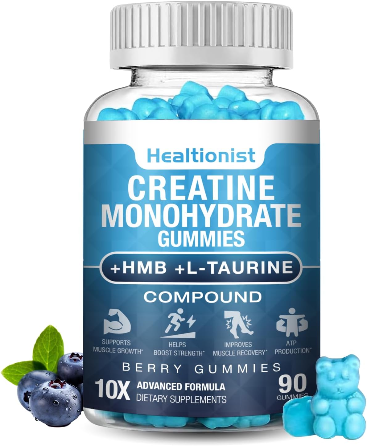1 Pack 8000MG Creatine HMB Monohydrate Gummies for Men & Women,L-Carnitine, L-Taurine & Vitamin B6 12, 90 Blueberry Flavor Counts Supplement Gummies (30-Day Supply)